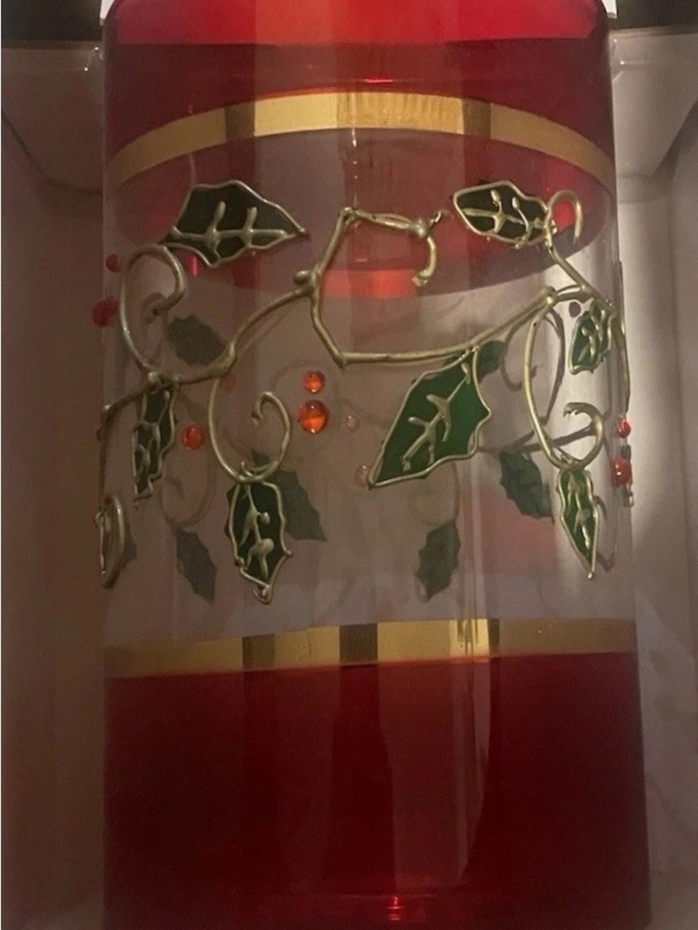 Red Glass Holiday Lantern with Green Holly Motif